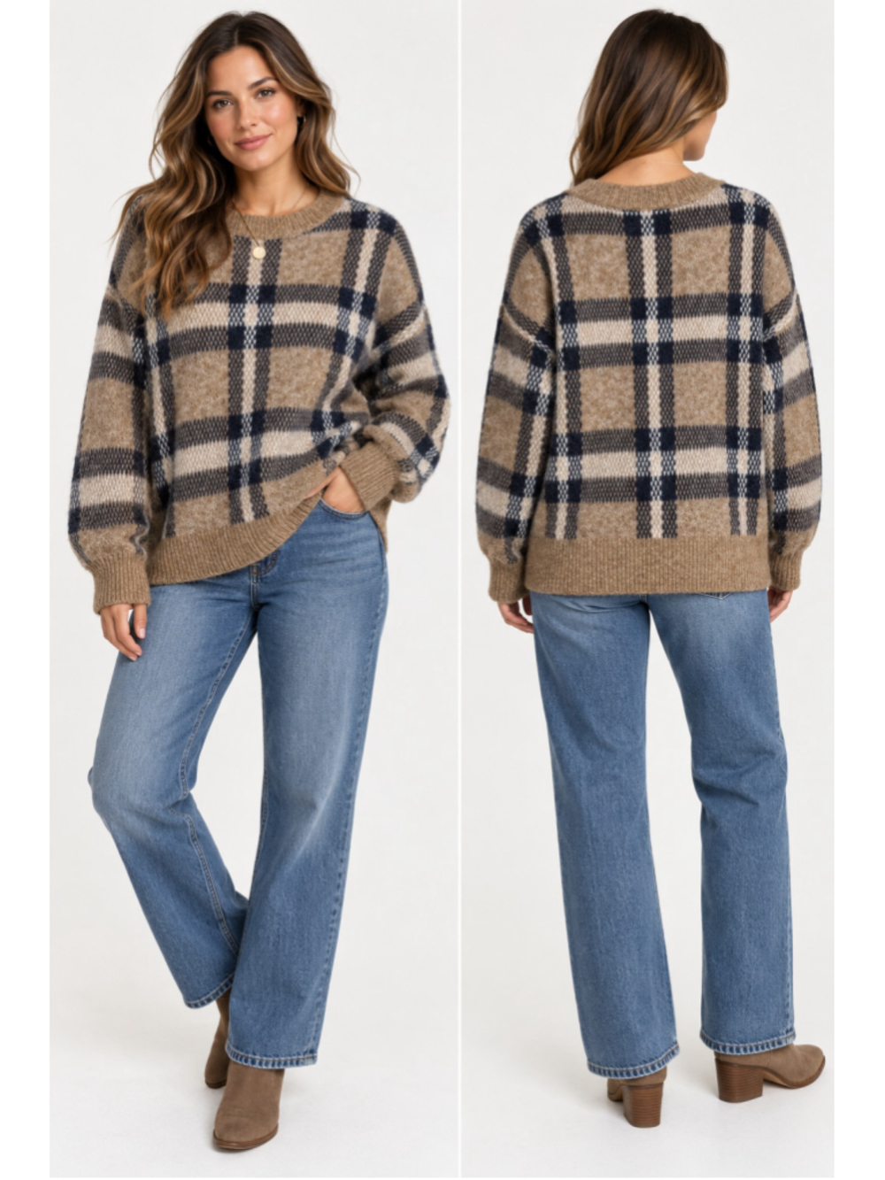 Vince Camuto Plaid Fuzzy Sweater M Taupe Navy Oversized Cozy Wool Blend